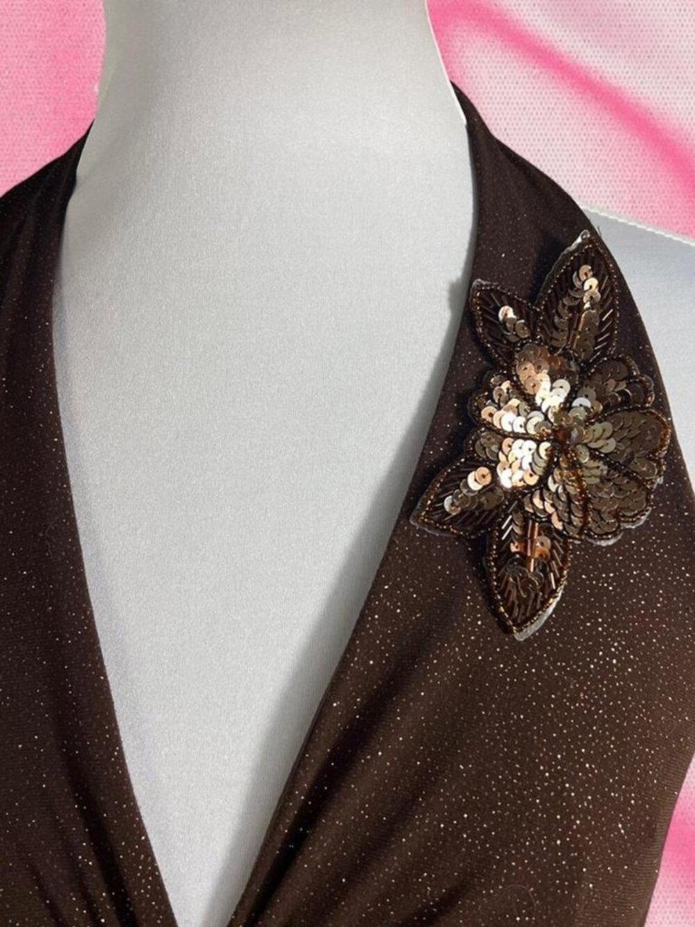 Y2K Brown Sequin Halter Dress with floral embellishment - Picture 3 of 6
